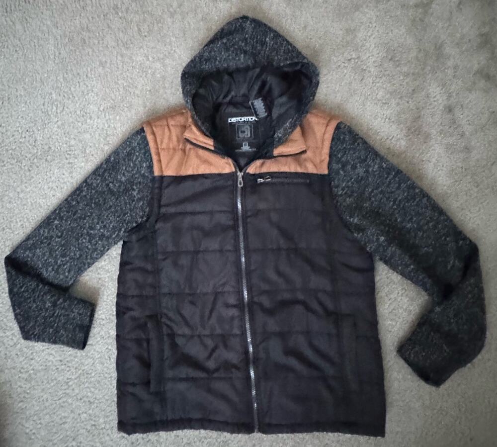 Distortion Mens M Black Quilted Puffer Jacket Hooded Knit Sleeves Brown Accent